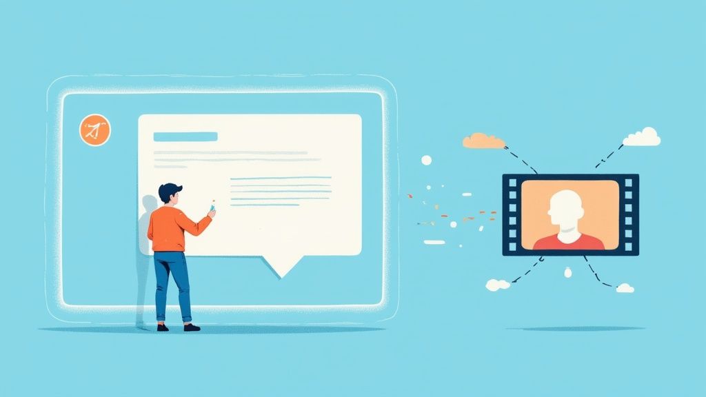 A digital illustration of AI creating video content, showing interconnected nodes and visual elements.