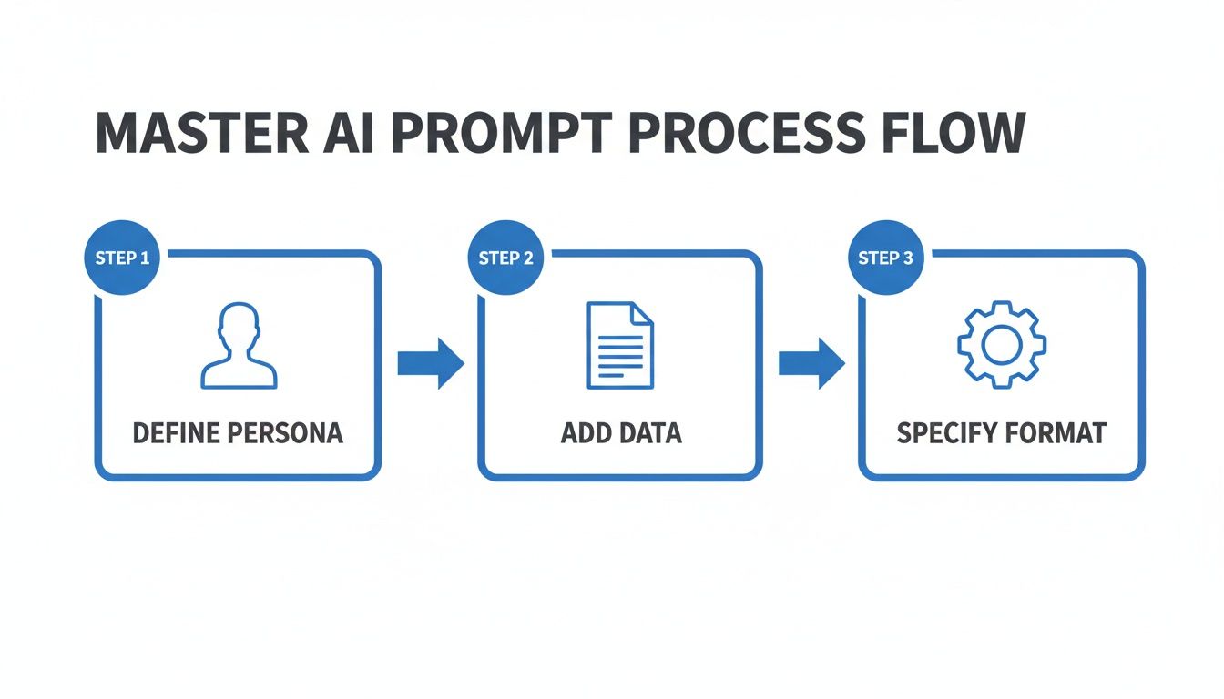 A process flow diagram showing three steps for master AI prompt creation: Define Persona, Add Data, Specify Format.