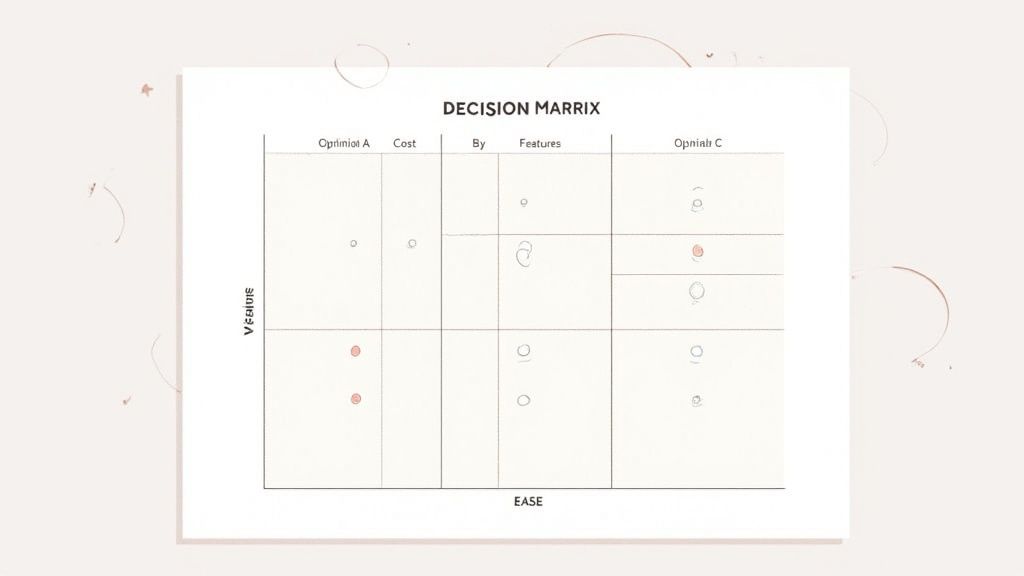 A hand-drawn decision matrix chart with 'Value' and 'Ease' axes, showing plotted options.