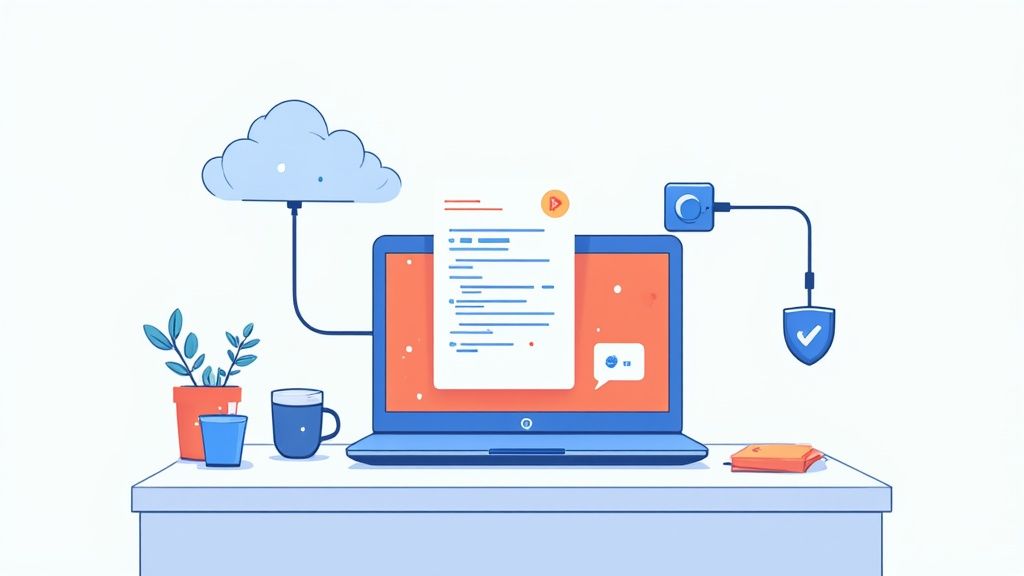 Developer working on a computer, integrating code into a project.