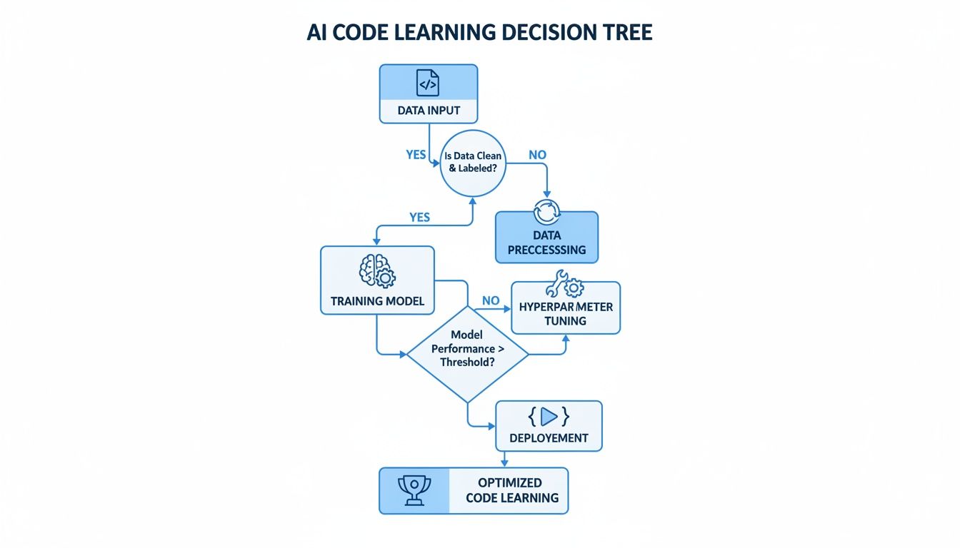Flowchart illustrating the AI code learning decision tree process, from data input to optimized code.