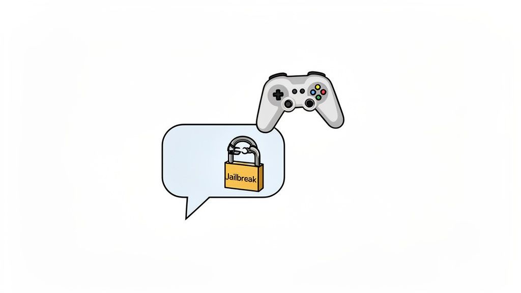 A video game controller hovers above a speech bubble containing an unlocked padlock labeled "Jailbreak."