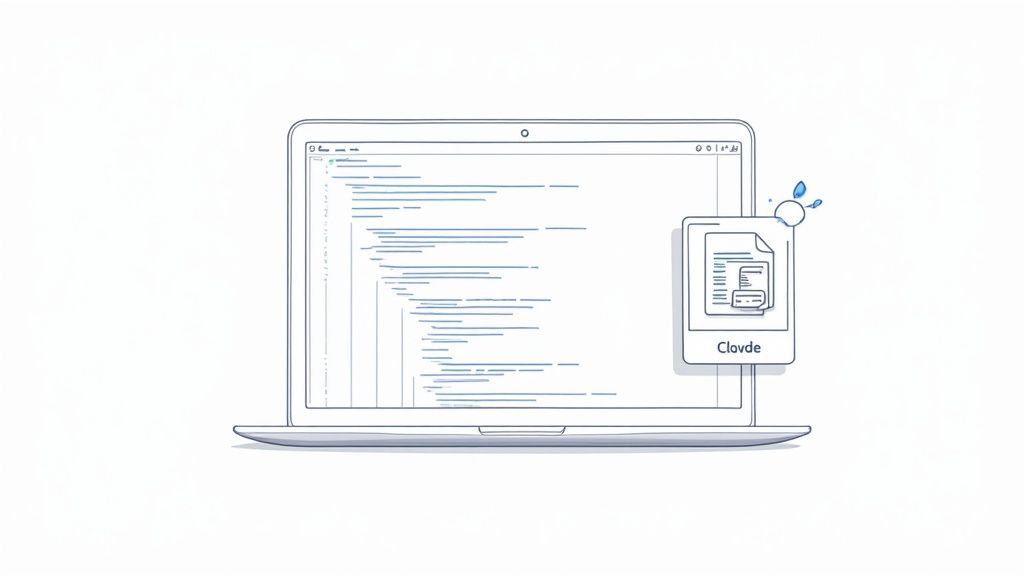 An illustration of a laptop screen displaying code, with a Clovde software card showing document icons.