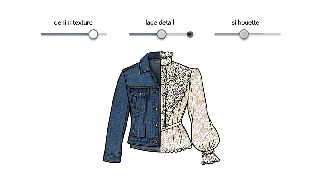 A conceptual image showing a denim jacket merged with a lace blouse, with three design sliders.