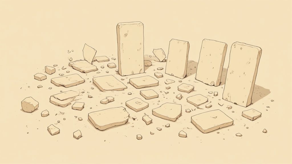 Rectangular stone tablets, some standing upright, many broken and scattered on a sandy surface.