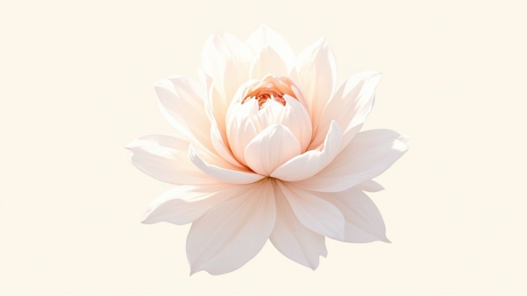 A soft, ethereal close-up of a light pink dahlia flower with subtle shadows on a creamy background.
