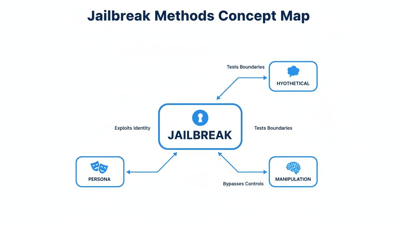 A concept map illustrating jailbreak methods: hypothetical, persona, and manipulation strategies.