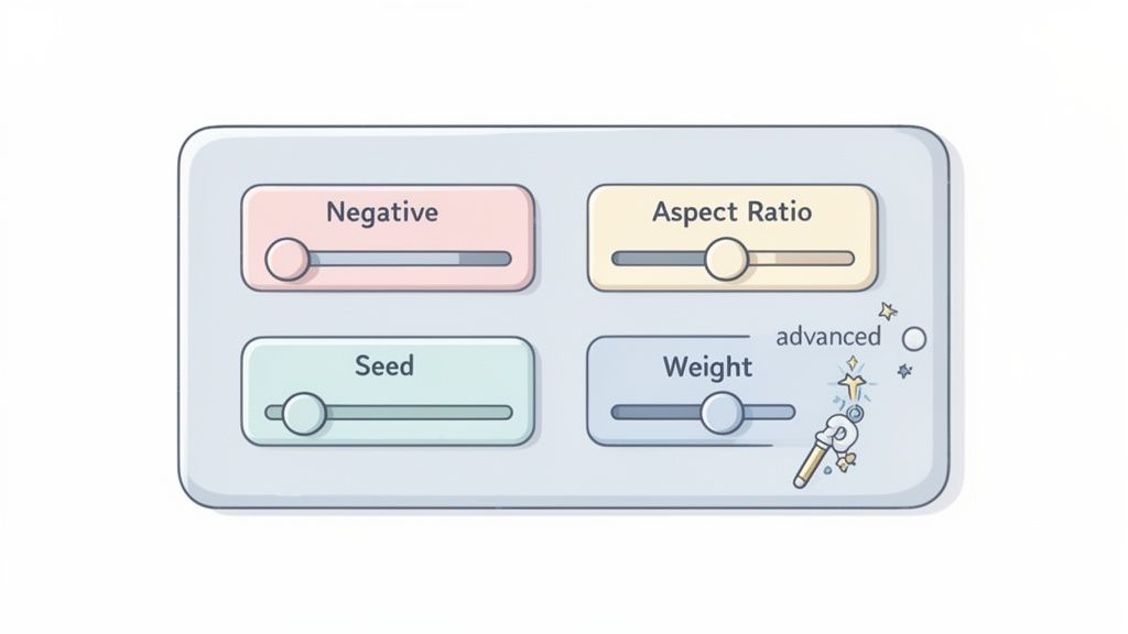 AI image generator settings panel with adjustable sliders for negative, aspect ratio, seed, and weight.