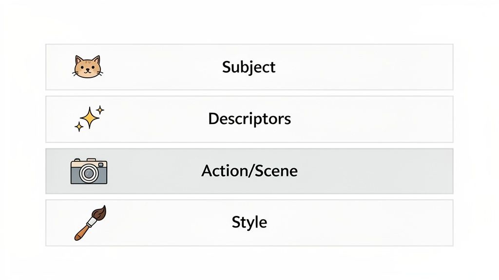 A visual guide to AI image generation prompt categories, highlighting 'Action/Scene' with a camera icon.
