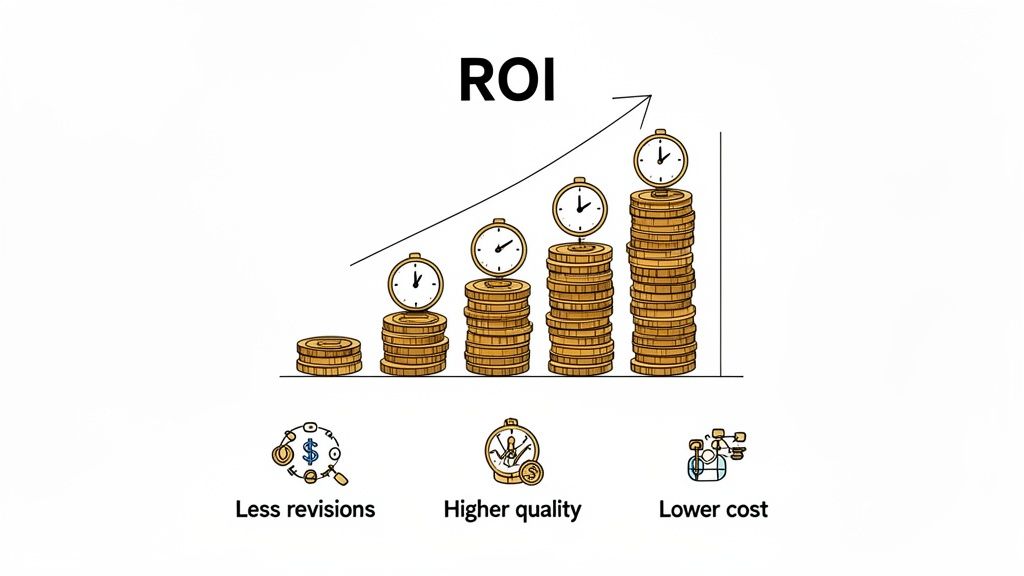 Illustration showing increased ROI through less revisions, higher quality, and lower cost, with growing coin stacks and clocks.