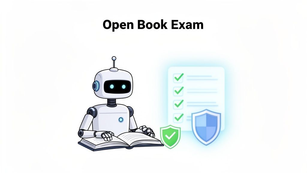 A robot reads an open book, representing an open book exam, with a checklist and shields.