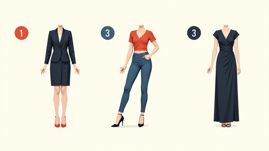 Three female mannequins showcase a business suit, a casual top with jeans, and an evening dress.