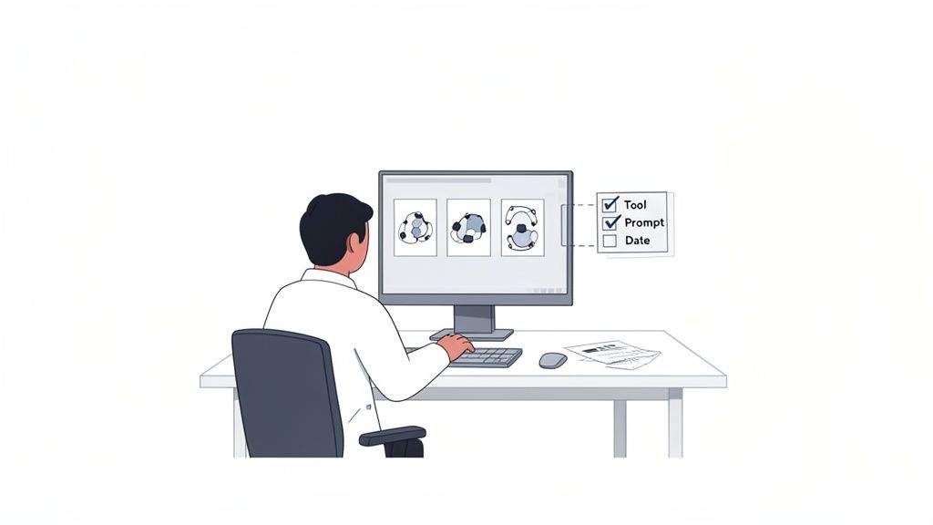 A person viewing AI-generated designs on a computer monitor, with 'Tool' and 'Prompt' options checked.