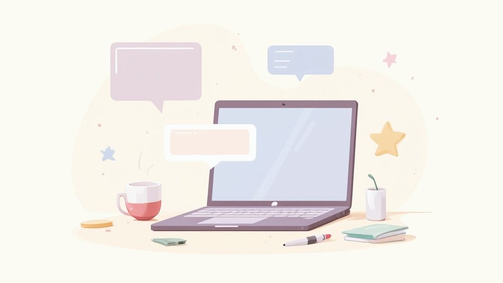 A minimalist illustration of a laptop on a desk with communication bubbles, a coffee mug, and office supplies.