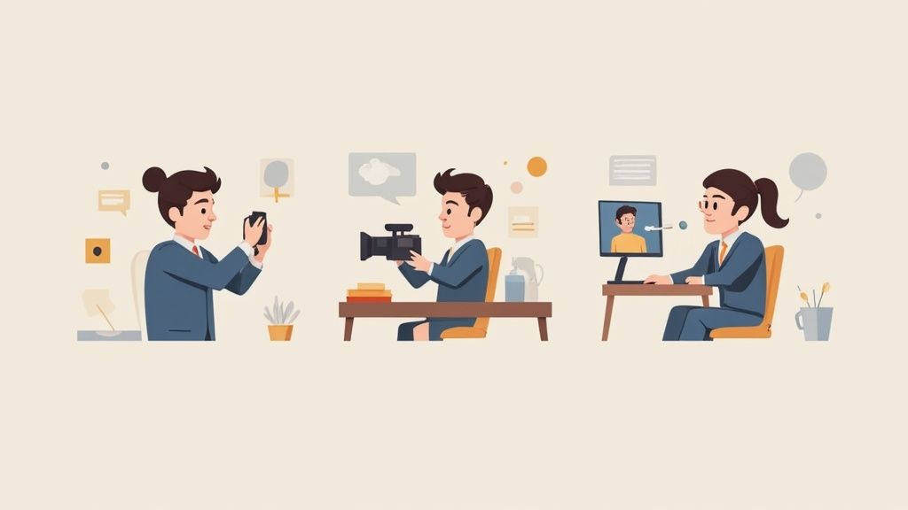 A filmmaker reviewing video clips on a large screen