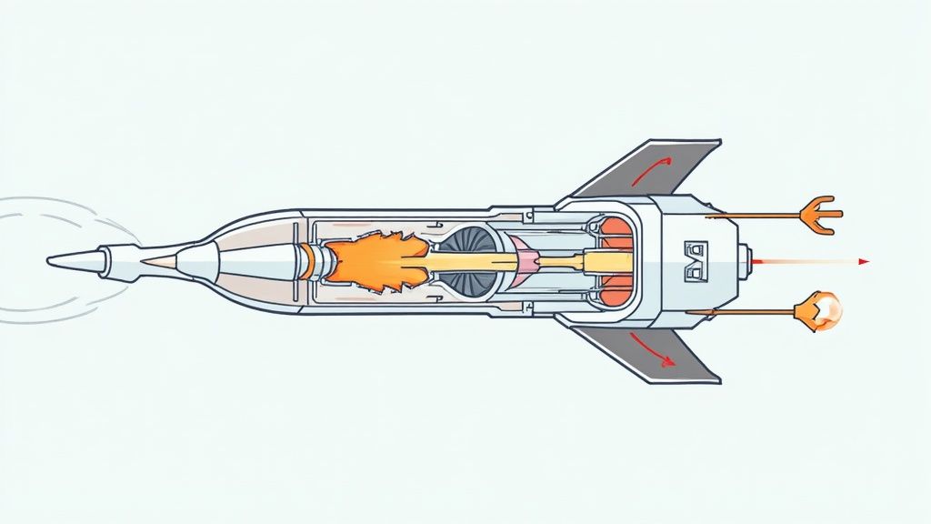 A detailed cross-section diagram of a rocket shows its internal engine with flames, fins, and external probes.