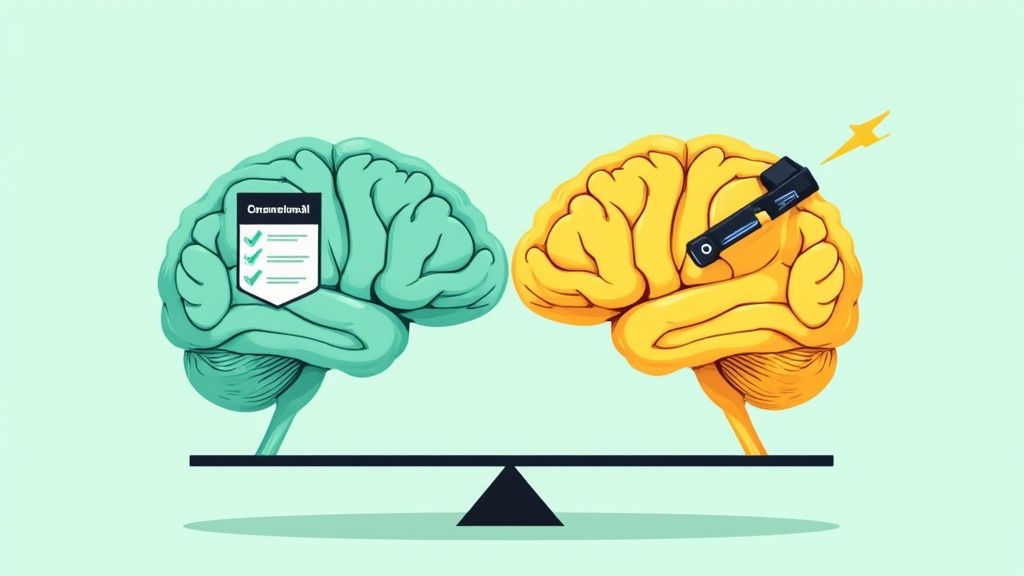 A person sitting in front of a computer, looking at a screen with AI-generated text.