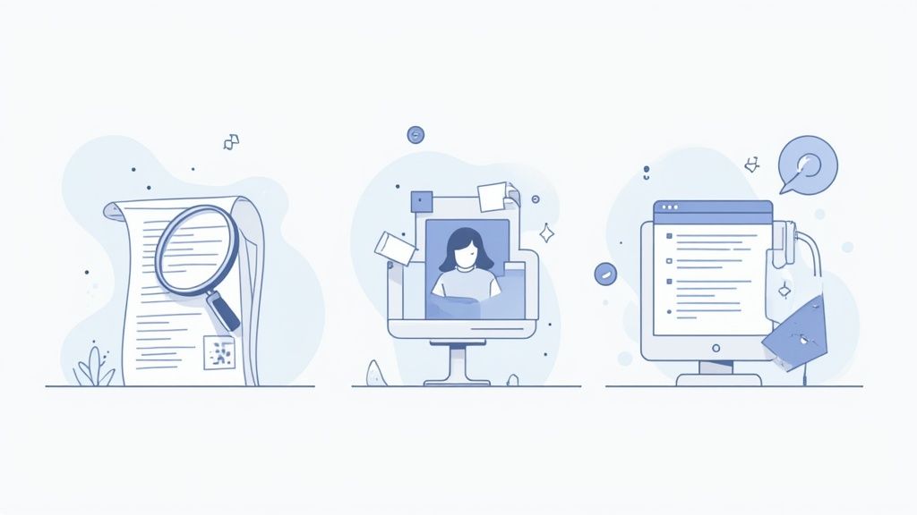 Blue line art depicting document review, user data processing, and digital forms workflow.