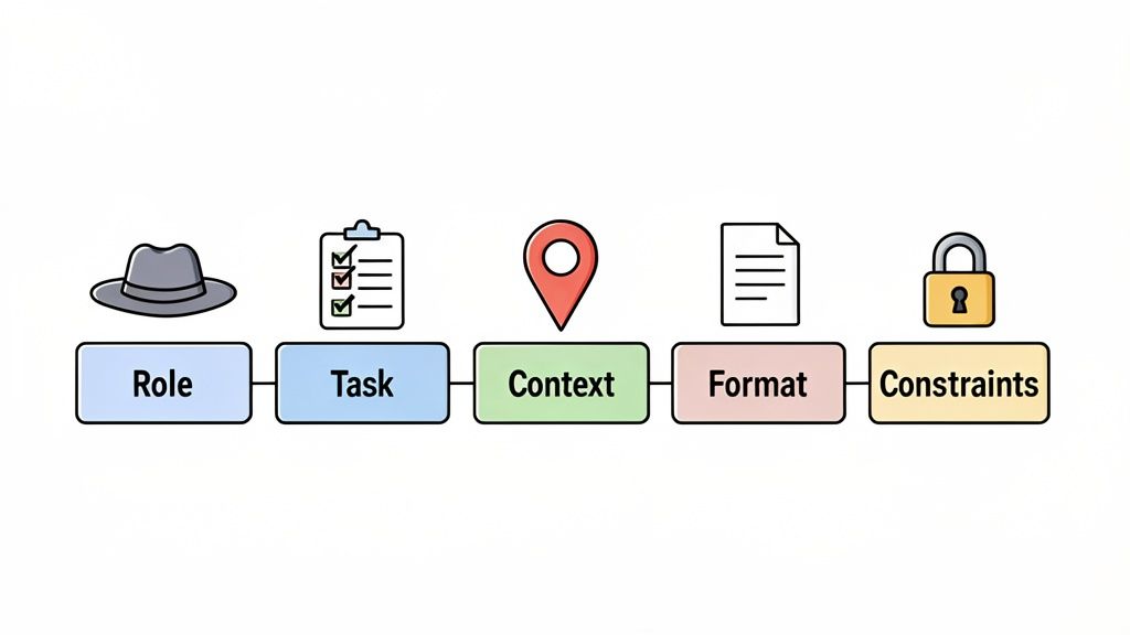 A diagram illustrating five key components for creating effective AI prompts: Role, Task, Context, Format, Constraints.