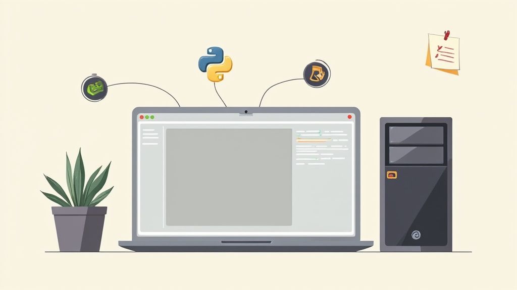 A creative workspace with a computer running code and generating visuals, set against a modern, artistic backdrop.