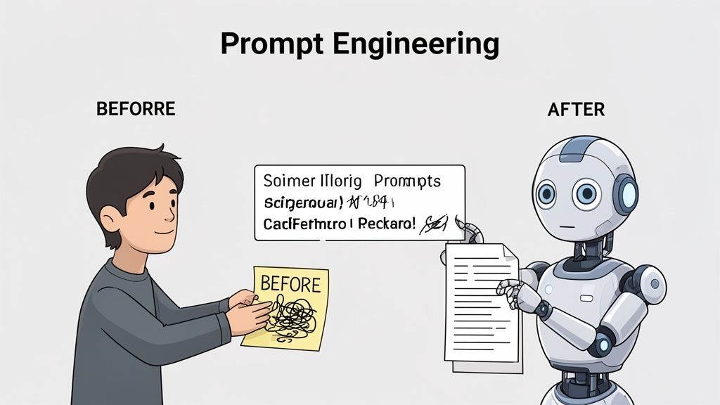 Illustration showing prompt engineering: a person with messy input, and a robot with clear, structured output.