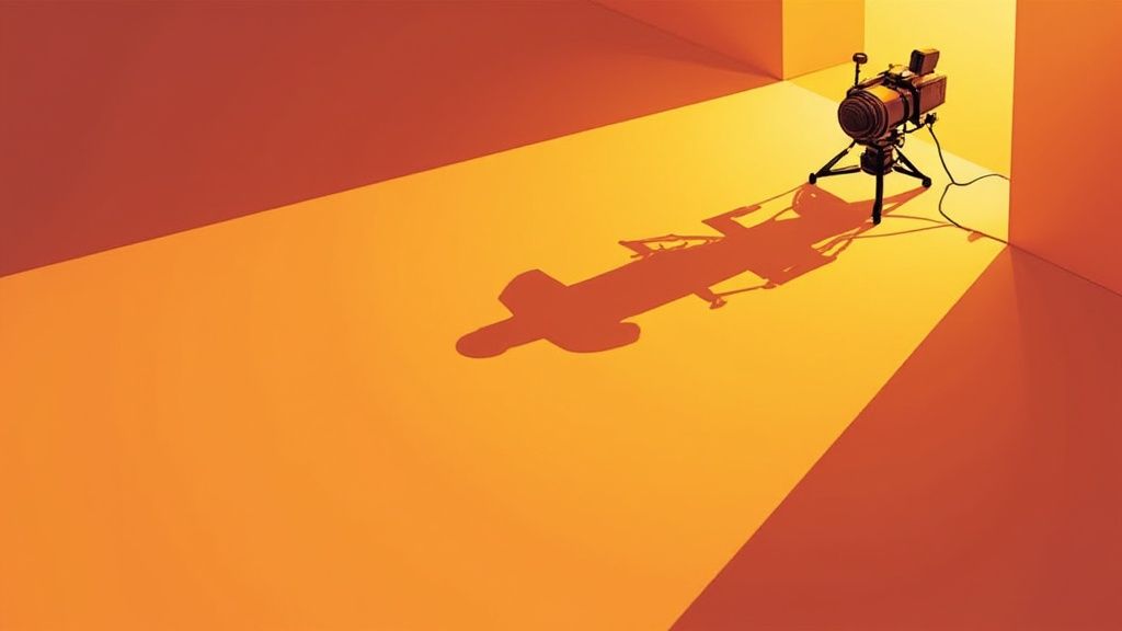 A camera on a tripod casts a long shadow of a person in a bright orange room.