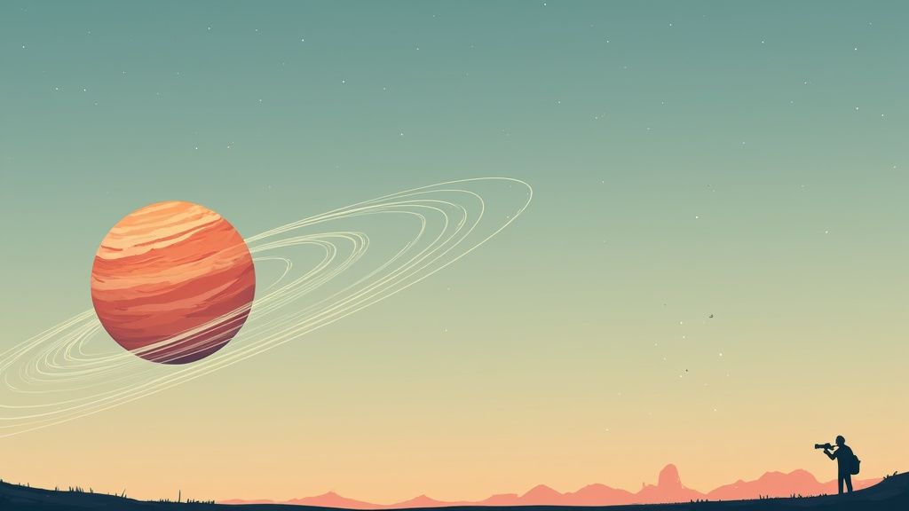 Silhouette of a person with a telescope gazing at a large ringed planet in a twilight sky.