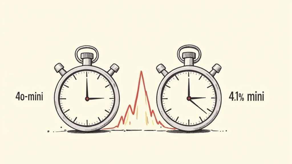 Two stopwatches, one labeled '4o-mini' and the other '4.1% mini', separated by a fluctuating line.