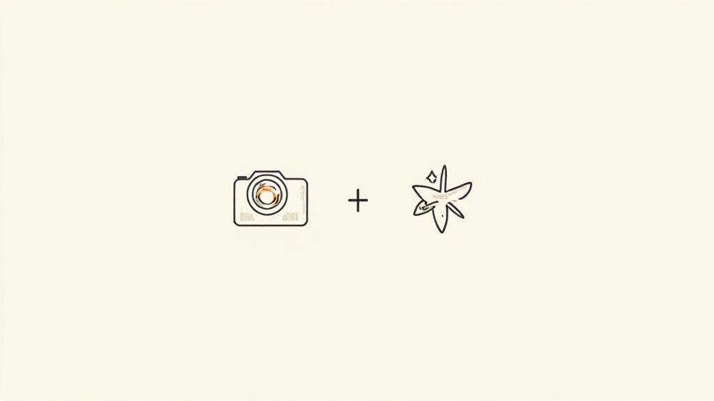 An illustration showing a camera icon, a plus sign, and a sparkling star icon.