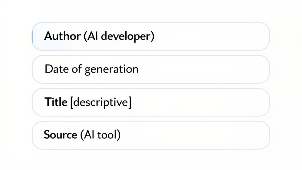 A list of four white text fields for citing AI-generated images: Author, Date, Title, Source.