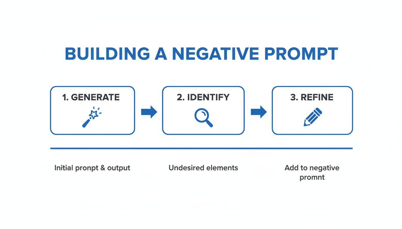 A three-step diagram illustrating the process of building a negative AI prompt effectively.