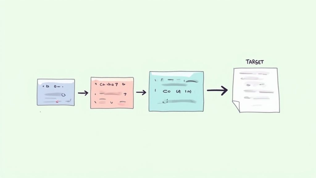 Diagram illustrating a sequential data transformation process from input cards to a final target document.