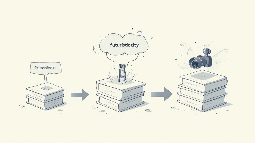 Illustration of an AI image generation process from a text prompt to a visual output.