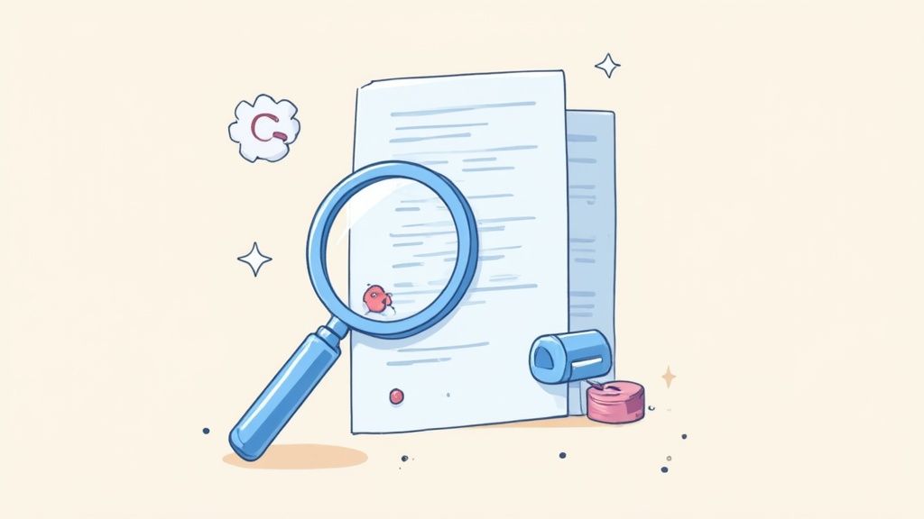 A cartoon magnifying glass examines a document, highlighting a small red bug; representing debugging or finding errors.