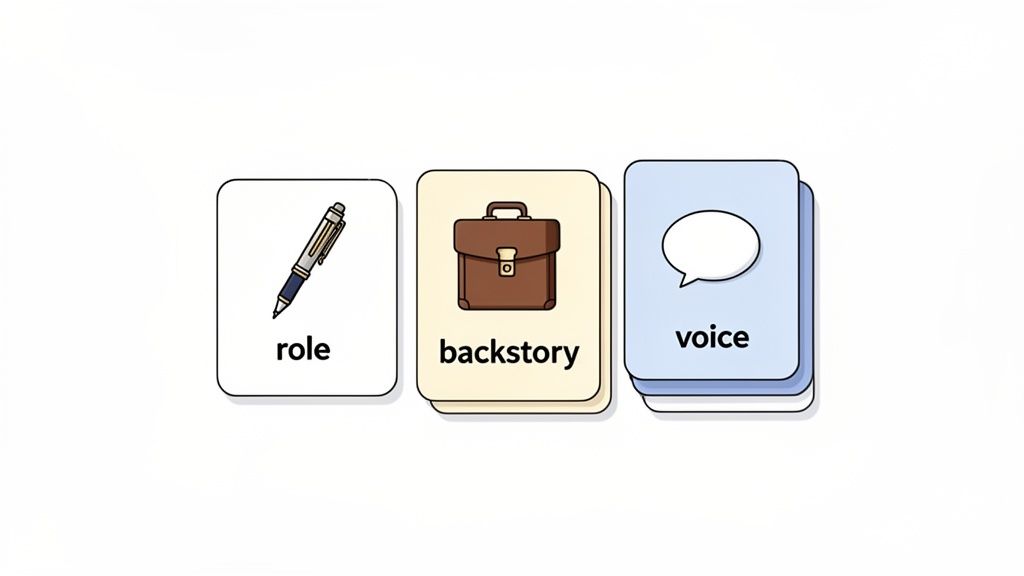 Three cards illustrating AI prompting elements: role with a pen, backstory with a briefcase, and voice with a speech bubble.