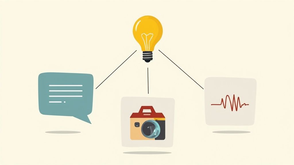 An abstract visual of a central AI node connecting to icons for text, images, and audio, showing the flow of information.