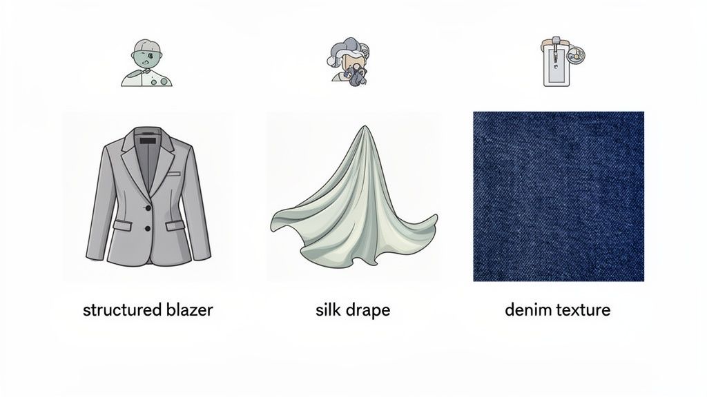 Three examples of garment types: structured blazer, silk drape, and denim texture, with icons.