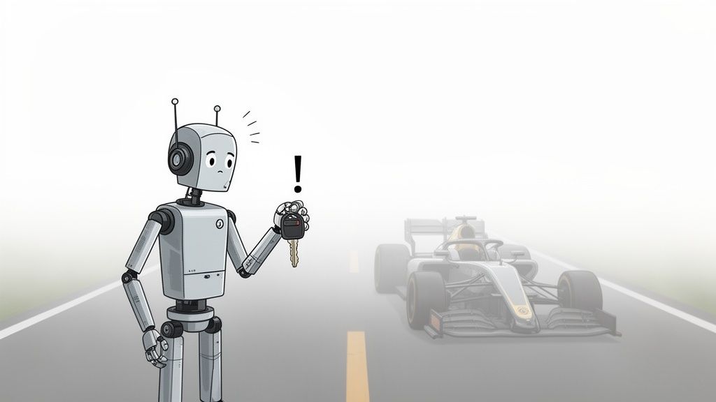 A confused robot holds a car key, facing a blurry race car on a misty road.