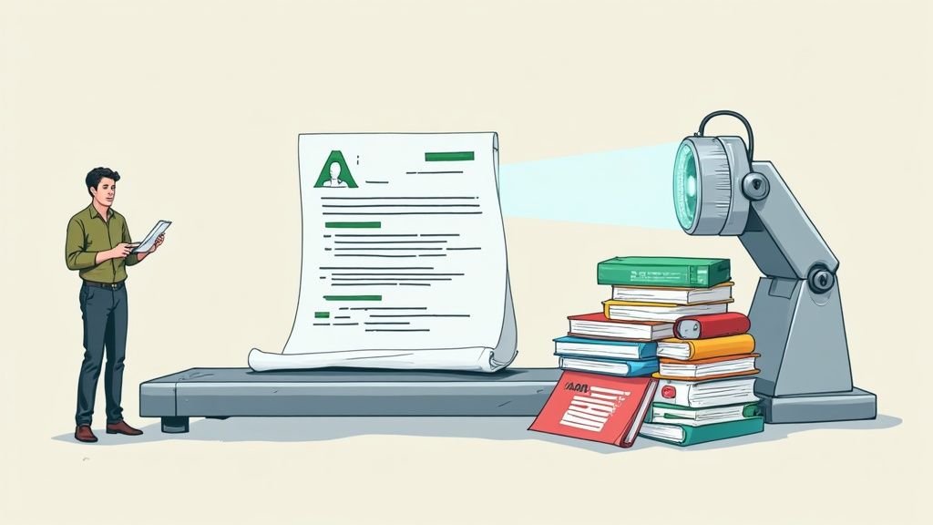 A man stands beside a giant resume being scanned by a light, with a stack of books.