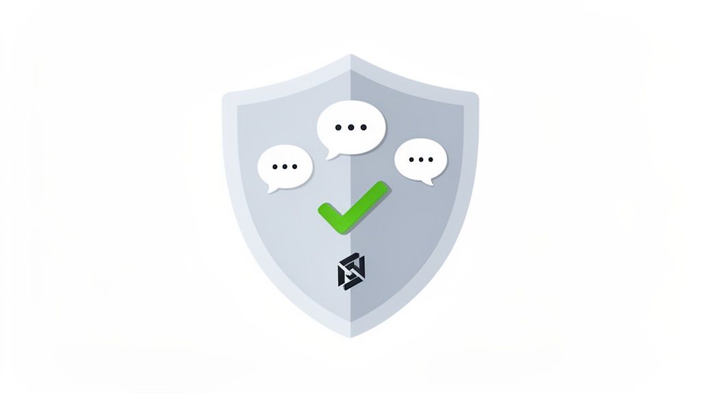 A grey shield with a green checkmark, three speech bubbles, and a black logo, symbolizing secure communication.