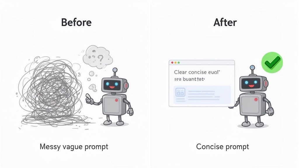 A side-by-side comparison showing messy vague AI prompts versus clear, concise prompts for better results.