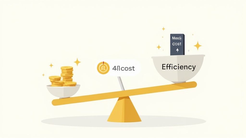 A balance scale shows gold coins and '4Icost' outweighing 'Efficiency' on the other side.