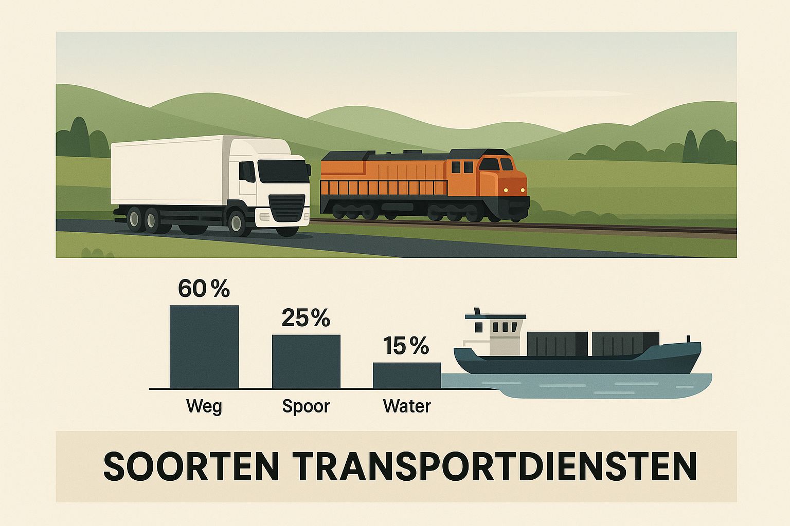 Een overzicht van verschillende transportmodaliteiten die transportbedrijven in Nederland gebruiken
