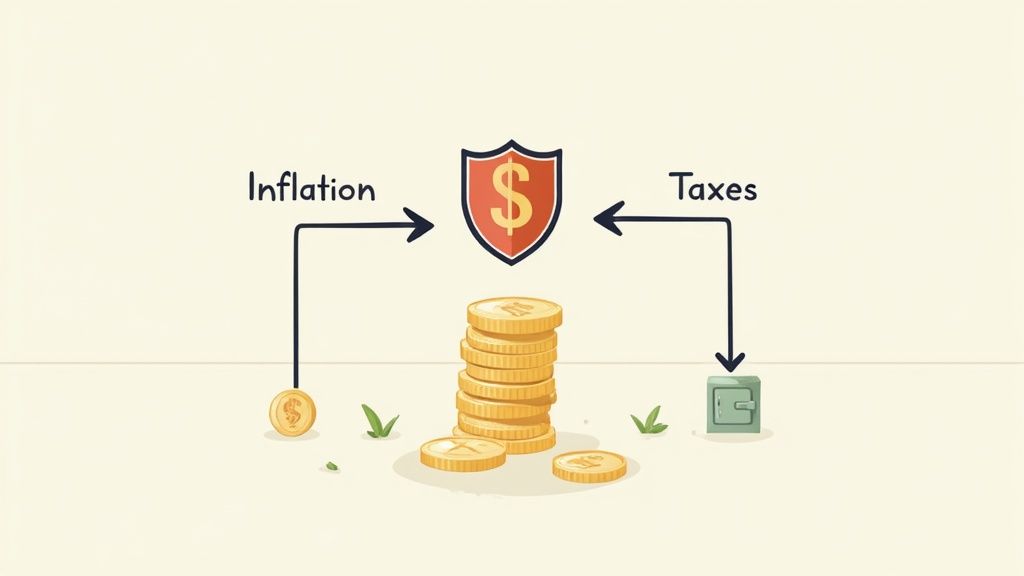 A shield protecting a pile of coins from rain labeled 'inflation' and lightning bolts labeled 'taxes'.