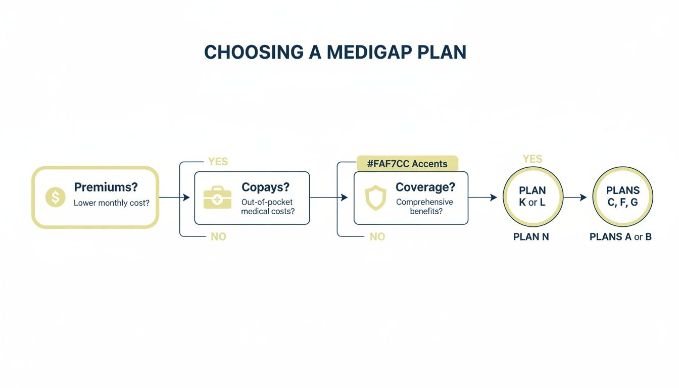 Flowchart illustrating how to choose a Medigap plan based on premiums, copays, and desired coverage.