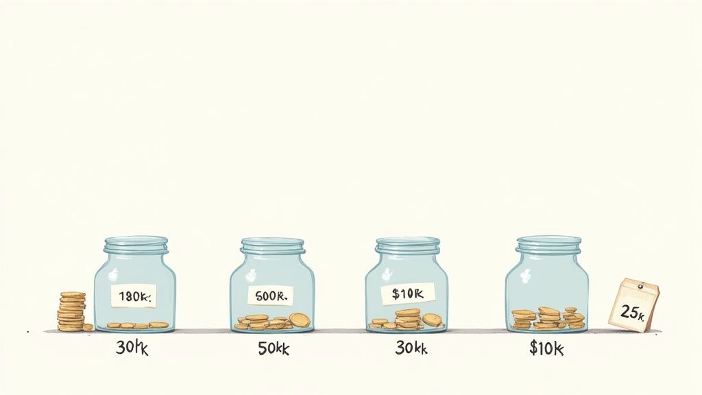 A mature couple smiling and looking at a tablet, planning their retirement finances together in a bright, modern living room.
