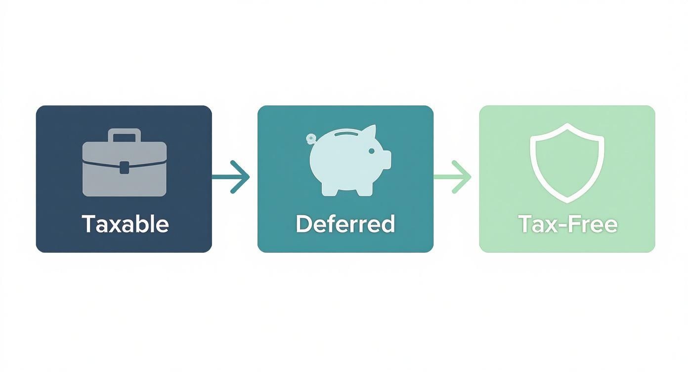 Three-step progression showing taxable accounts, tax-deferred savings, and tax-free investment accounts with icons