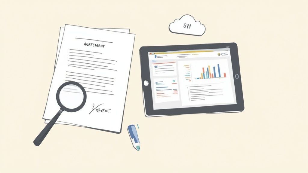 Illustration of an agreement document with a magnifying glass, a digital tablet showing data, and a pen on a desk.