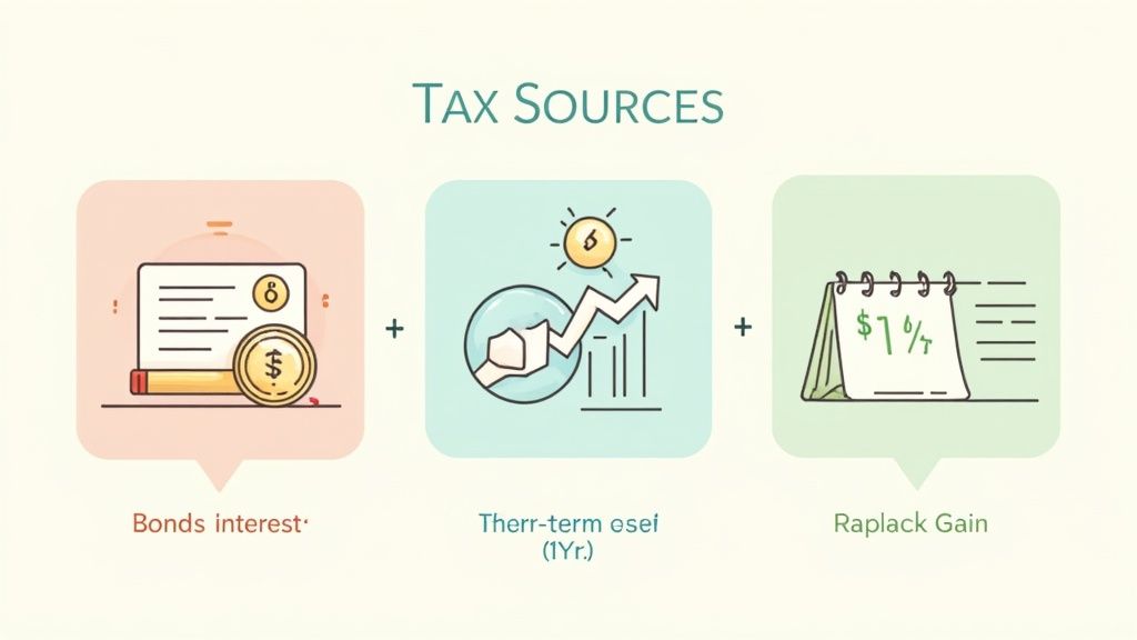 An infographic illustrates three tax sources: bonds interest, short-term investment gains, and capital gains.