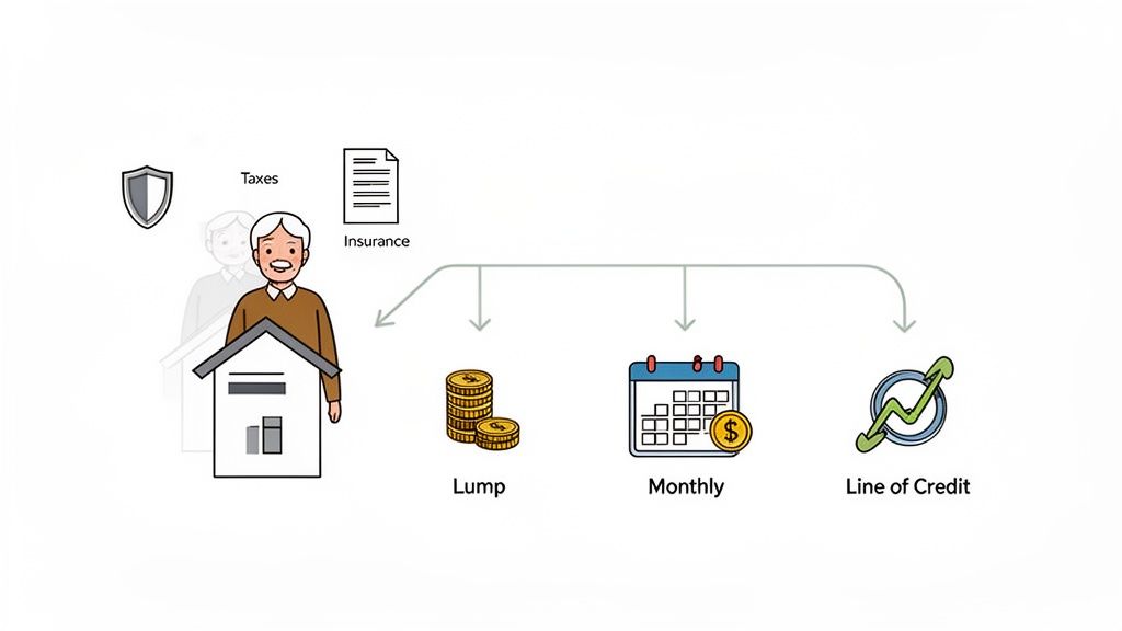 An elderly man's house with options for reverse mortgage payments: lump sum, monthly, or line of credit.